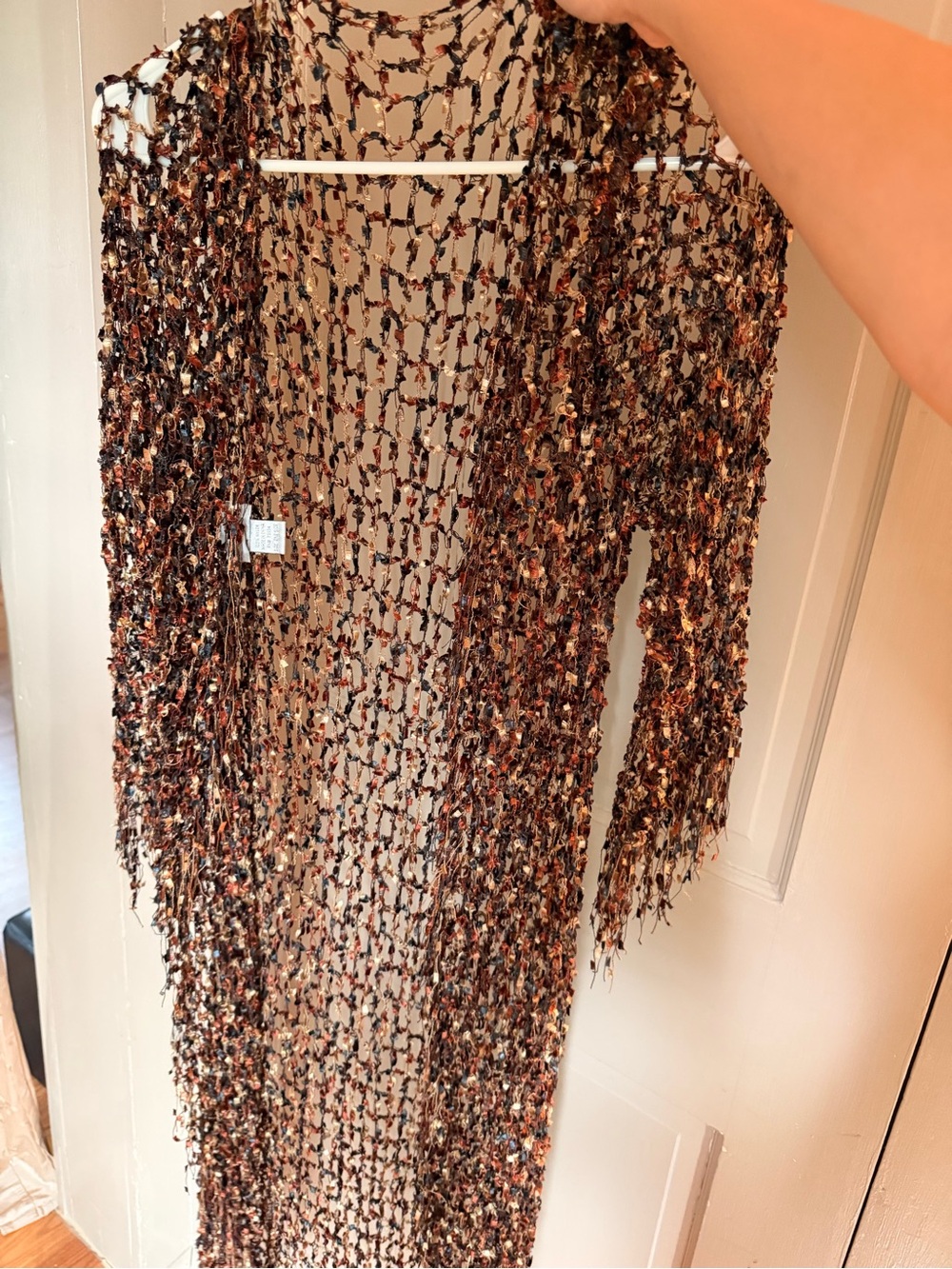 Vintage Chico’s Beaded Brown Mesh Fringe Shawl Boho Festival Net Wrap Cardigan